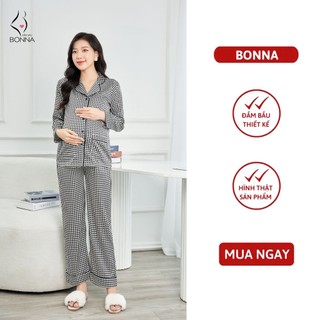 Đồ bộ sau sinh cho mẹ BONNA quần có chun cúc điều chỉnh các nấc tiện lợi, cúc bấm có thể mở sau sinh cho con bú B019