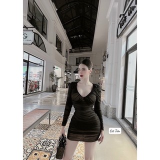 váy thun lưới nhún cổ V