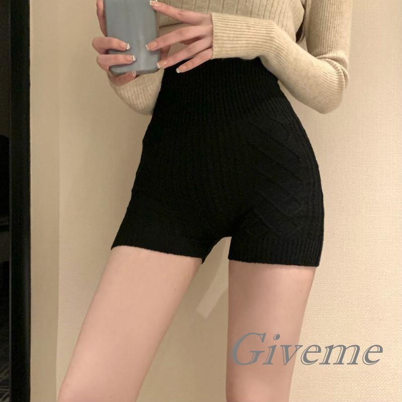 Quần Short Dệt Kim Màu Trơn Lưng Cao Ôm Dáng Thời Trang Thu Đông Cho Nữ