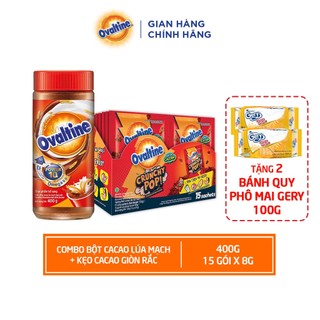 (COMBO) Bột Cacao Lúa Mạch Ovaltine - Hũ 400g + Kẹo Cacao Giòn Rắc - Hộp 15 gói x 8g