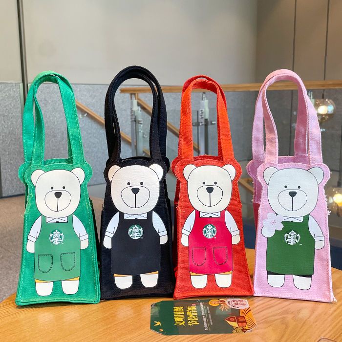 Starbucks Túi Vải Canvas Mini Đựng Điện Thoại / Trà Sữa / Cà Phê Hình Gấu Màu Xanh Lá Gấp Gọn Dùng Làm Quà Tặng Giáng Sinh
