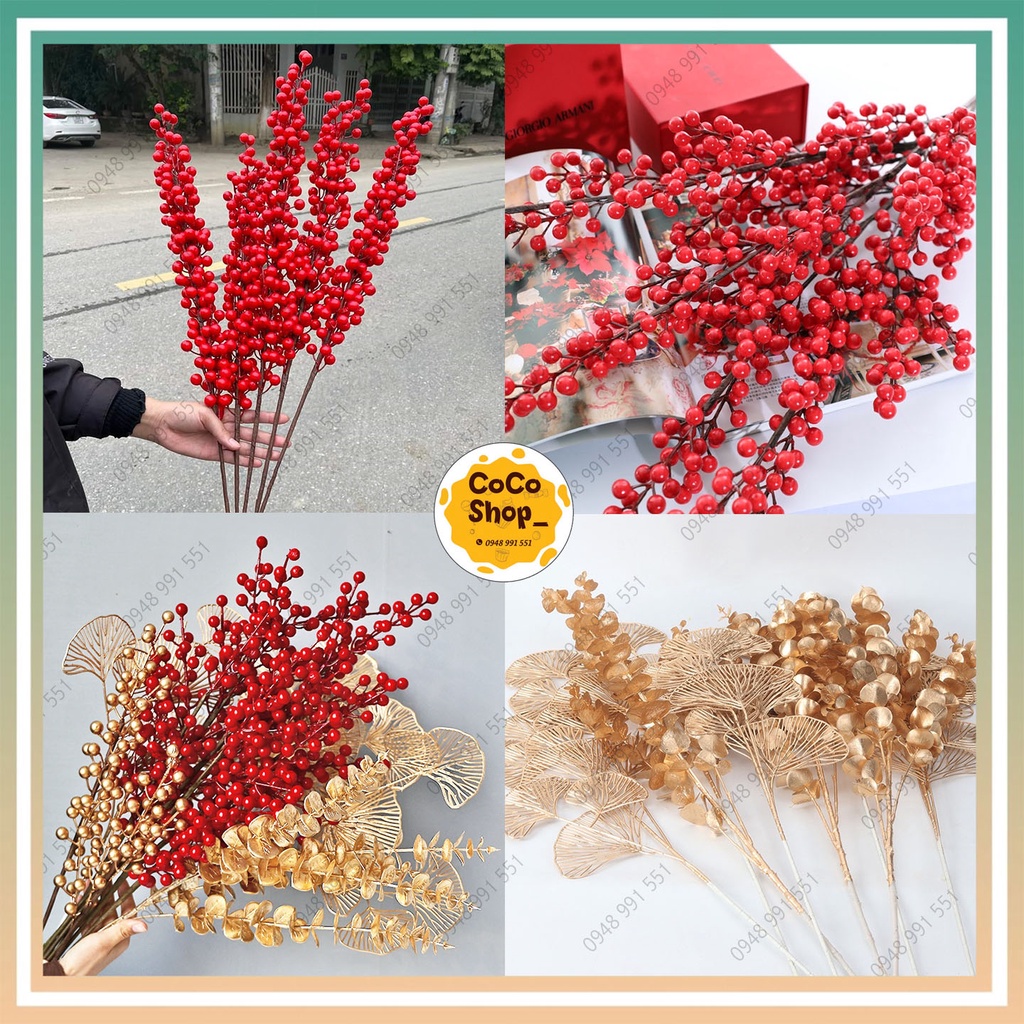 Cành đào đông đỏ LOẠI 1. Cành điểm. Cành lựu Và phụ kiện treo trang trí tết