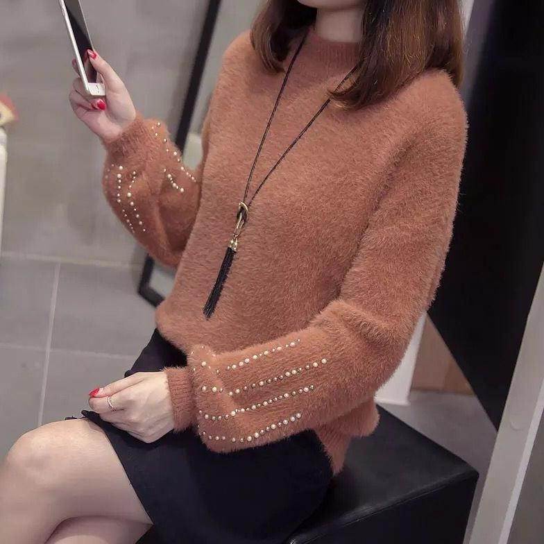 Áo Sweater Lông Chồn Dáng Rộng Tay Phồng Dày Màu Trơn Đính Hạt Thời Trang Thu Đông Hàn Quốc Cho Nữ