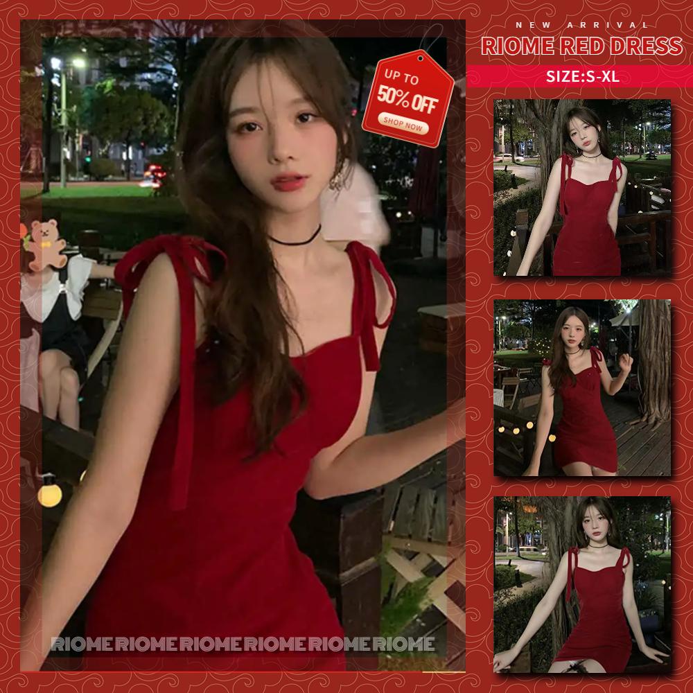🎄Merry Christmas🎄 Đầm Đỏ Vải Nhung Phong Cách retro Thời Trang Thu Đông Cho Nữ