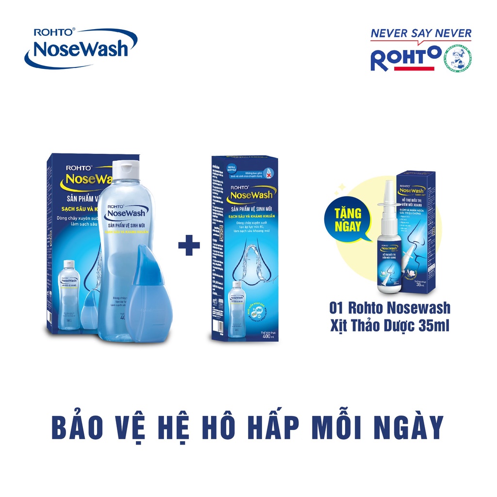 Bộ vệ sinh mũi cho người lớn & trẻ em Rohto Nosewash: Full set 400ml & Bình Refill 400ml +TẶNG NoseWash Spray 35ml