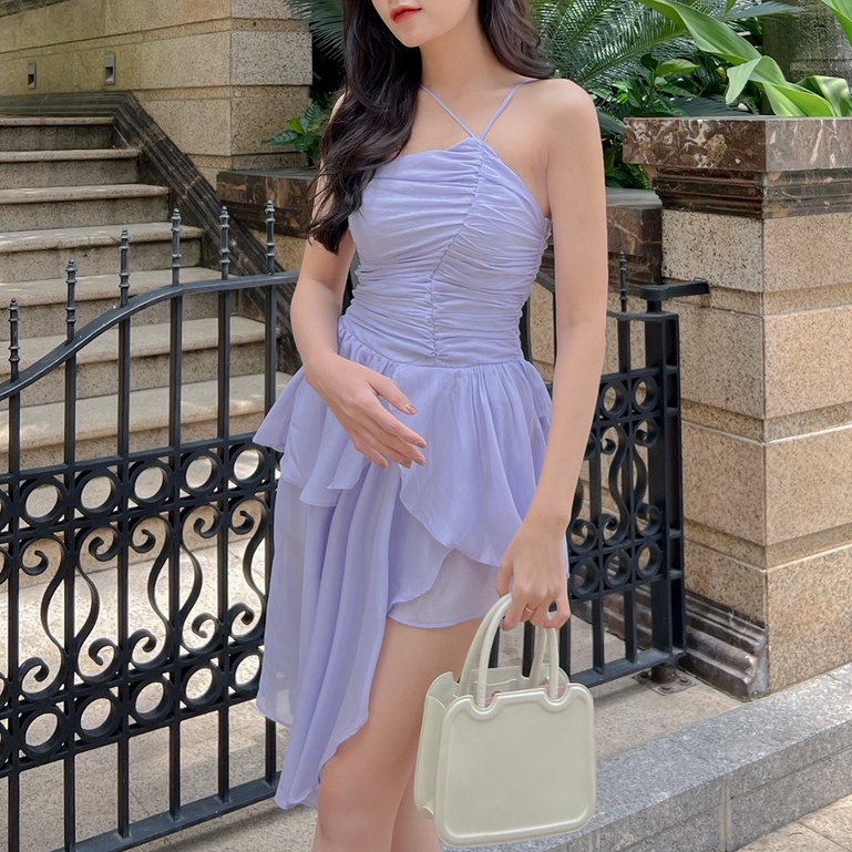 Đầm xoè voan SheByShj cổ yếm tà lệch màu tím - Purple Jayden Dress