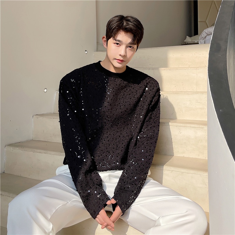 November Áo Thun Tay Dài Dáng Rộng Thêu Họa Tiết Đính Kim Sa Phong Cách Hàn Quốc Thời Trang Mùa Thu Mới Cho Nam