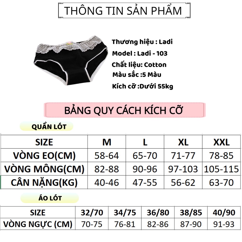 Quần Lót Cotton Nữ Viền Ren Cao Cấp Thiết Kế Mềm Mại Thoáng Mát Ladi-103