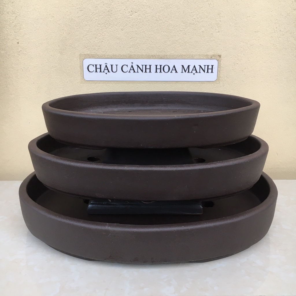 Chậu oval bonsai sen đá mini màu đen gốm Bát Tràng 3 size SP510