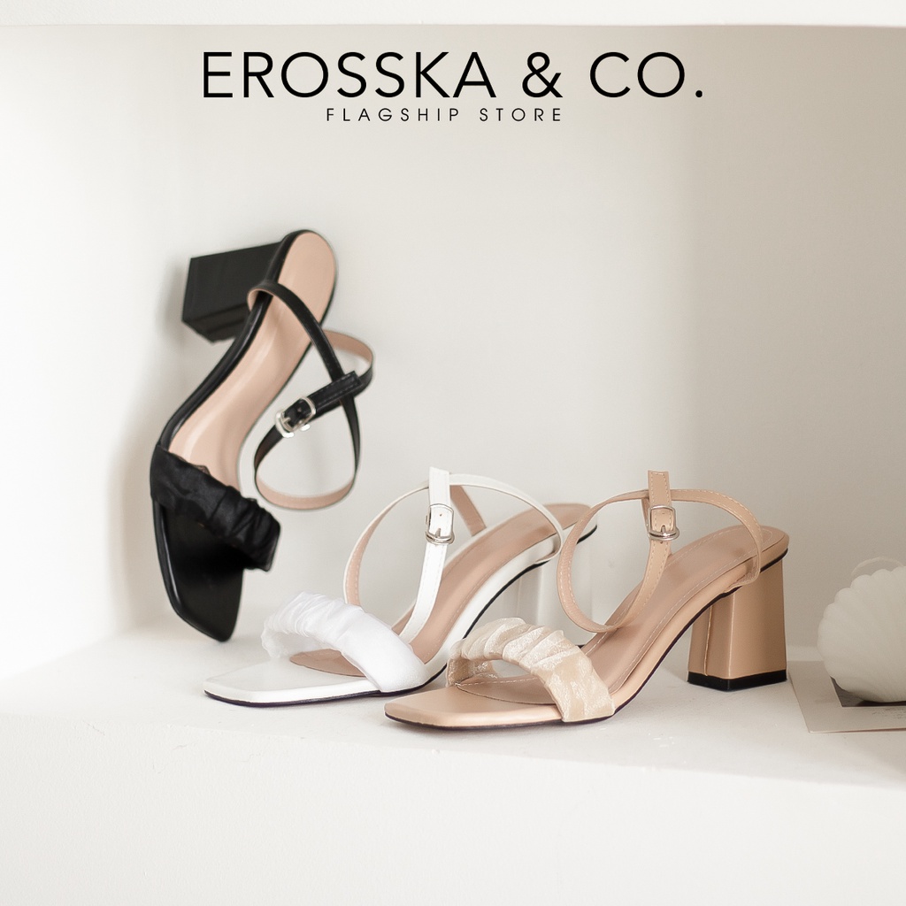 Erosska - Giày sandal cao gót nữ quai nhún lưới phối dây quai mảnh cao 7cm màu đen - EB050