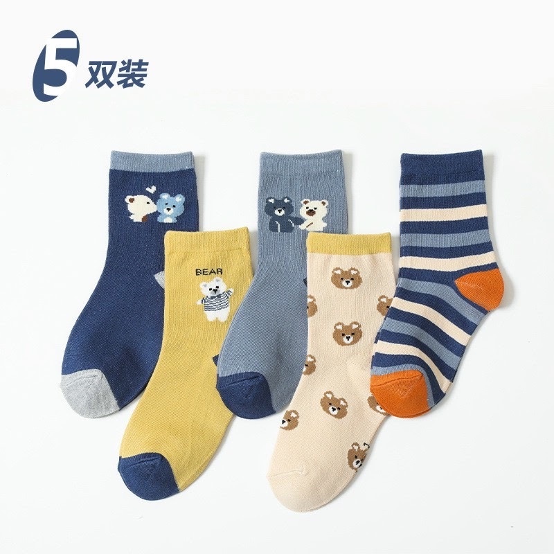 Sét 10 Đôi Tất Trẻ Em Cổ Cao Hoạ Tiết Gấu Kẻ Xanh Siêu Đáng yêu