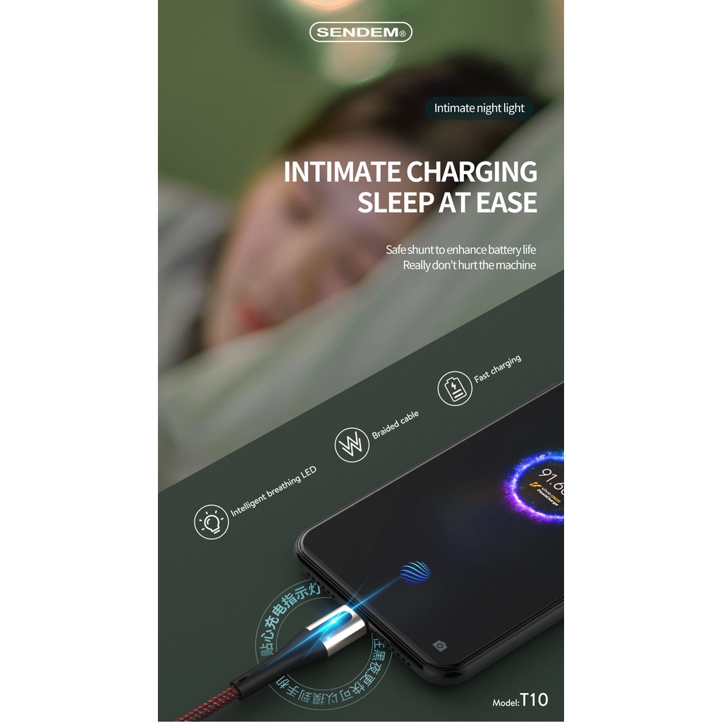 Cáp dữ liệu Sendem T10 6A bọc dù có đèn thở Chân Micro TypeC Trái Táo