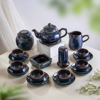 Bộ ấm trà chén lòng xanh men hỏa biến kèm phụ kiện - Gốm sứ Bát Tràng