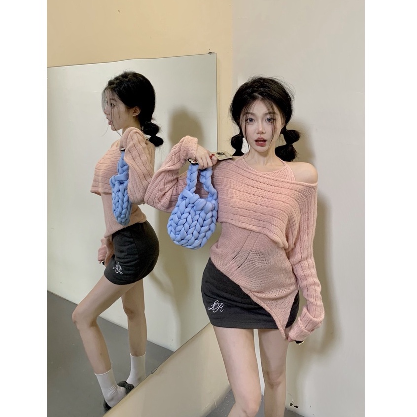 Porozi  Áo khoác Áo Sweater dệt kim tay dài trễ vai phong cách Hàn Quốc dành cho nữ