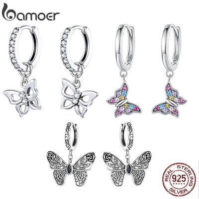 BAMOER Khuyên Tai Bạc 925 Hình Bướm Nhiều Màu Sắc Thời Trang Cho Nữ