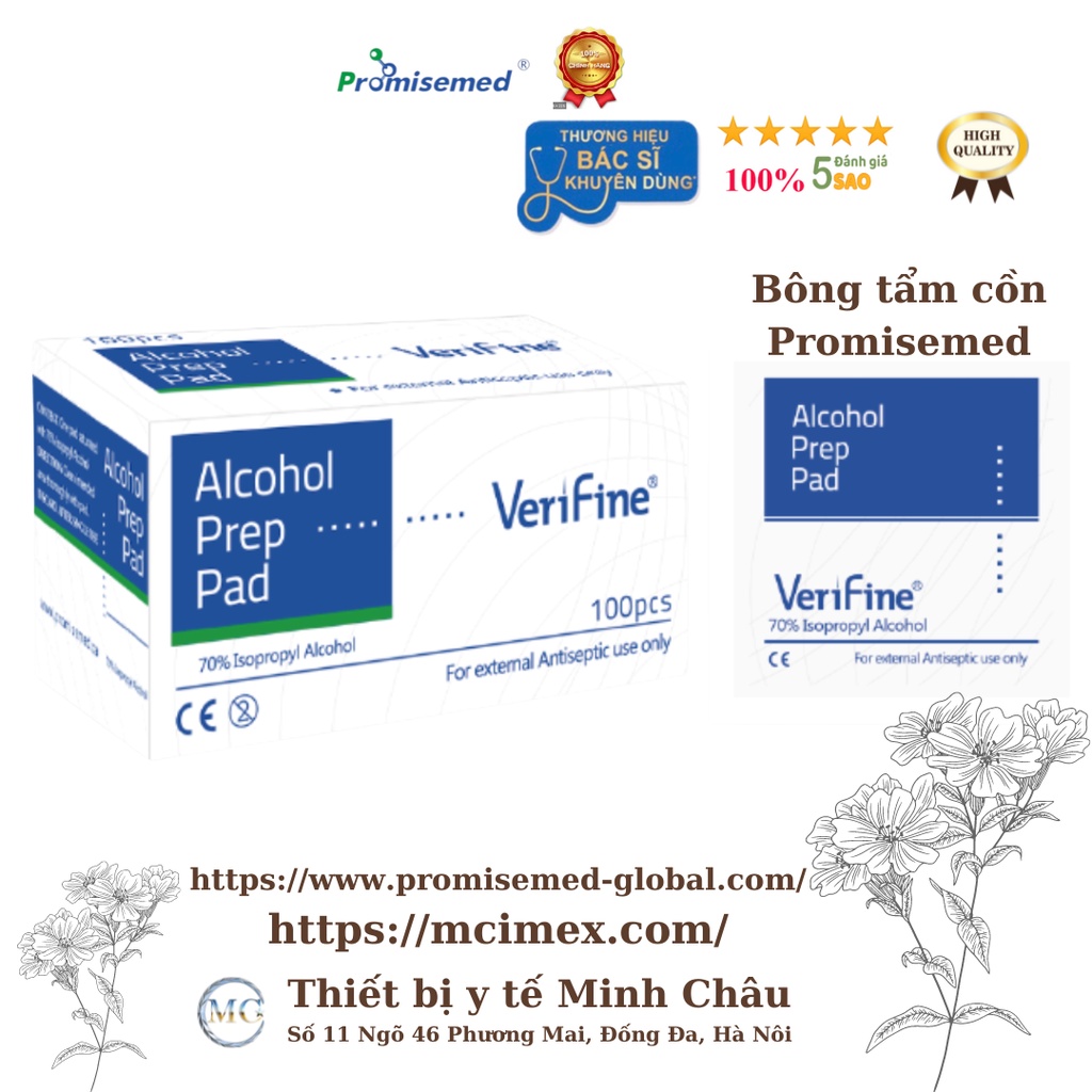 Bông Tẩm Cồn Promisemed 100 Miếng/hộp Sát Trùng Vết Thương, Sát Khuẩn Alcohol Pad, Hàng Nhập Khẩu