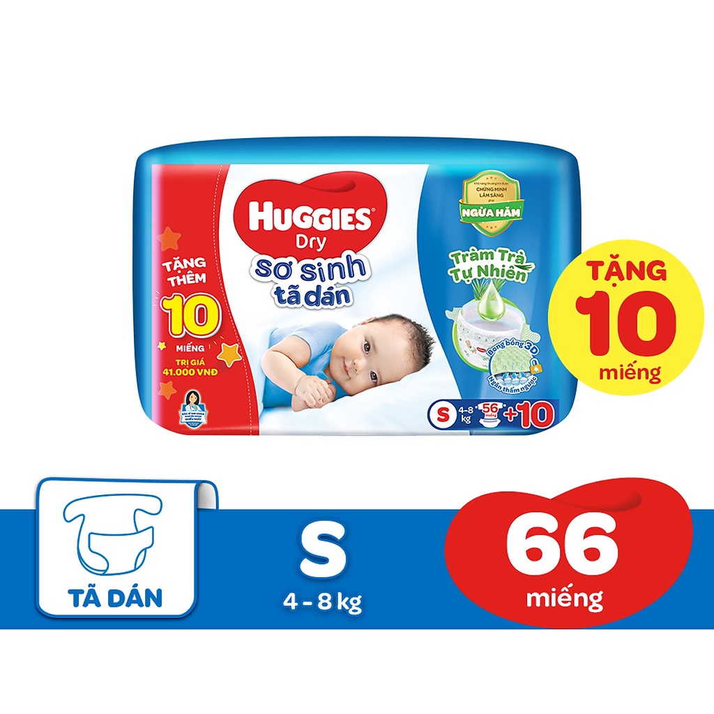 Tã dán huggies size S56+10,Nb74+6,NB100+12