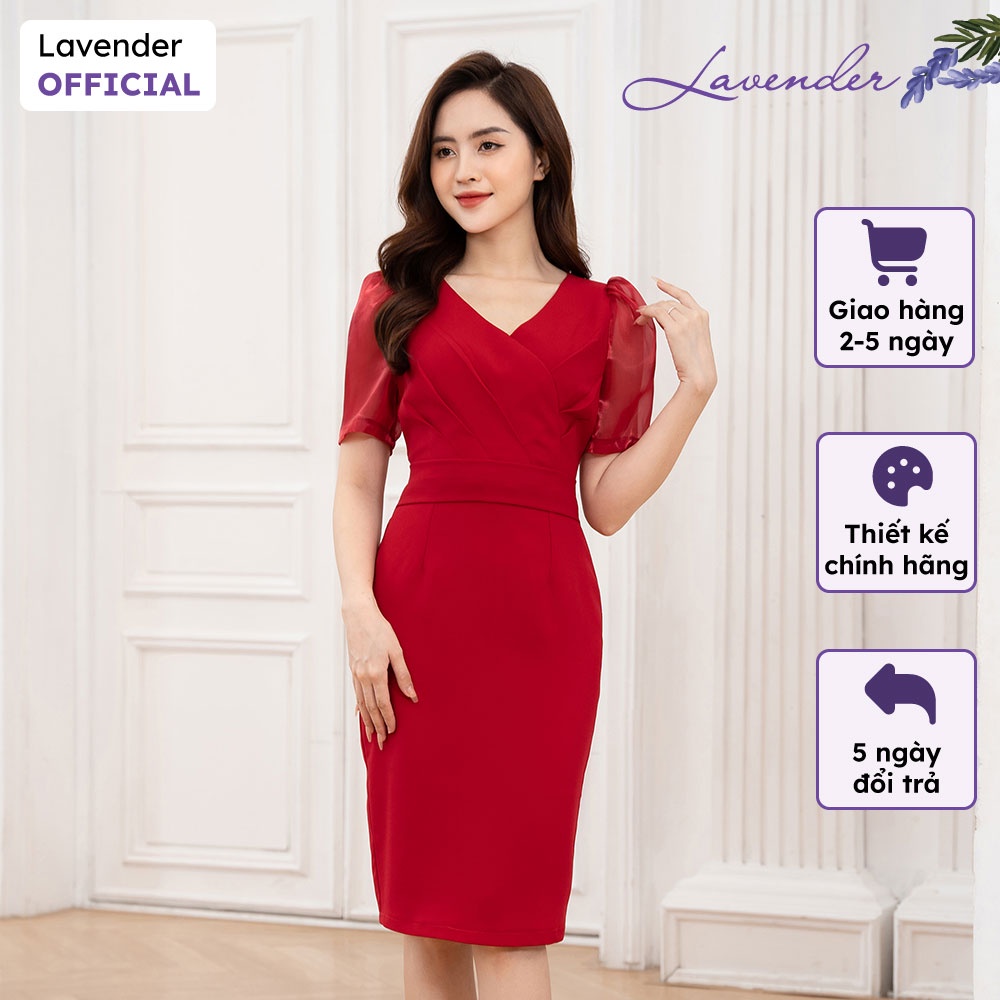 Đầm công sở thiết kế LAVENDER đỏ dáng ôm cổ V tay ngắn D2744