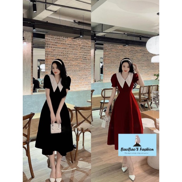 Đầm nhung dáng xoè dài cổ thuyền 2 màu đỏ, đen
