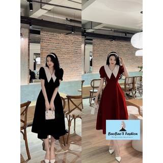 Đầm nhung dáng xoè dài cổ thuyền 2 màu đỏ, đen