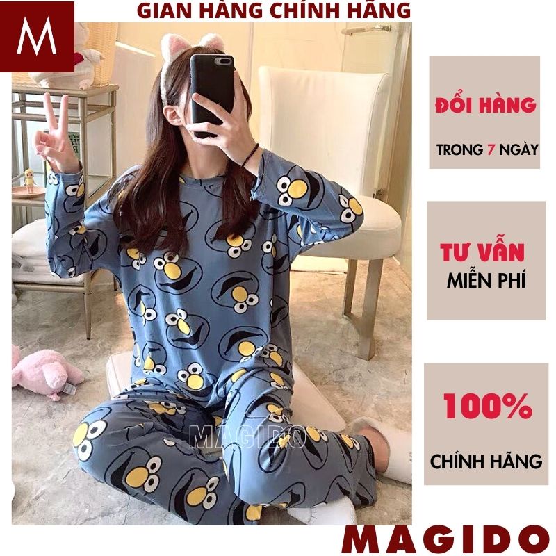Bộ ngủ nữ pijama dài tay chất thun cotton họa tiết hoạt hình hot, Đồ ngủ nữ thu đông cute nhiều màu siêu xinh - MAGIDO