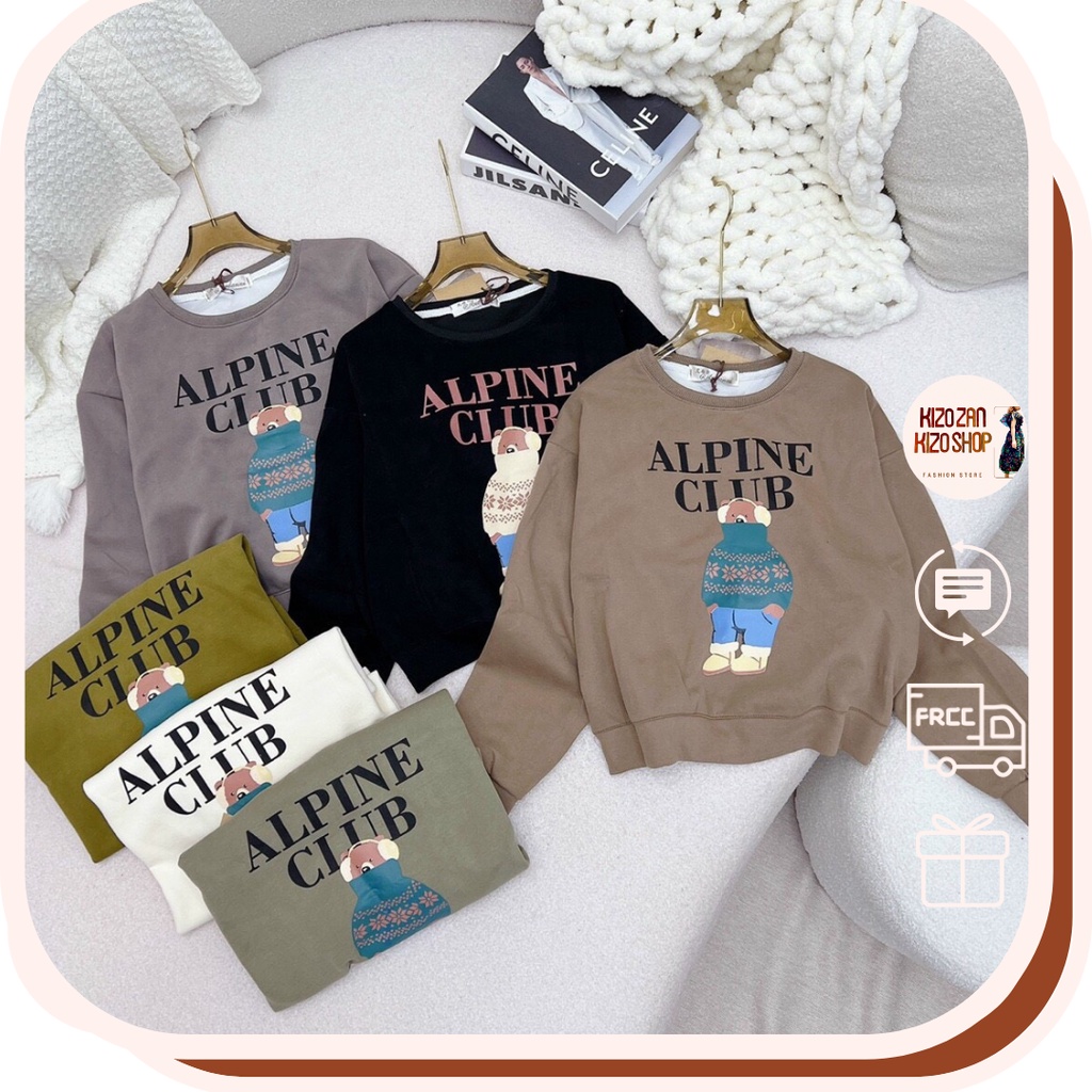 Áo sweater mùa đông nữ in hình gấu chữ alpine club tay dài cổ tròn form vừa mặc thu đông, áo thun nỉ da cá nữ dáng vừa