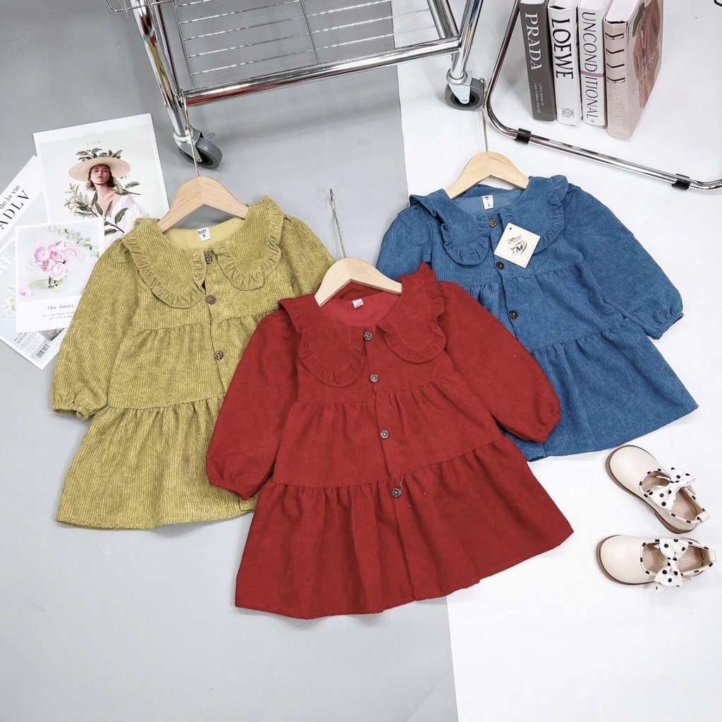 Váy Nhung Tăm Gân Dày Dặn Mềm Mại Thu Đông Dành Cho Bé Gái 10-23kg