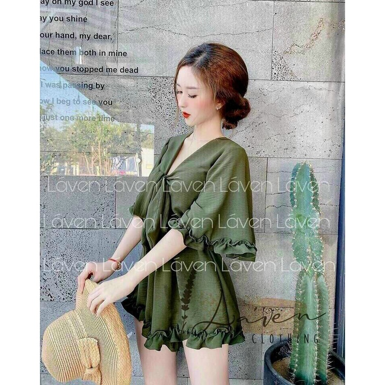 (FreeShip 2022) Jum Đùi Tay Lỡ Cổ V Cột Nơ,Jum Nữ Phối Bèo Dễ Thương