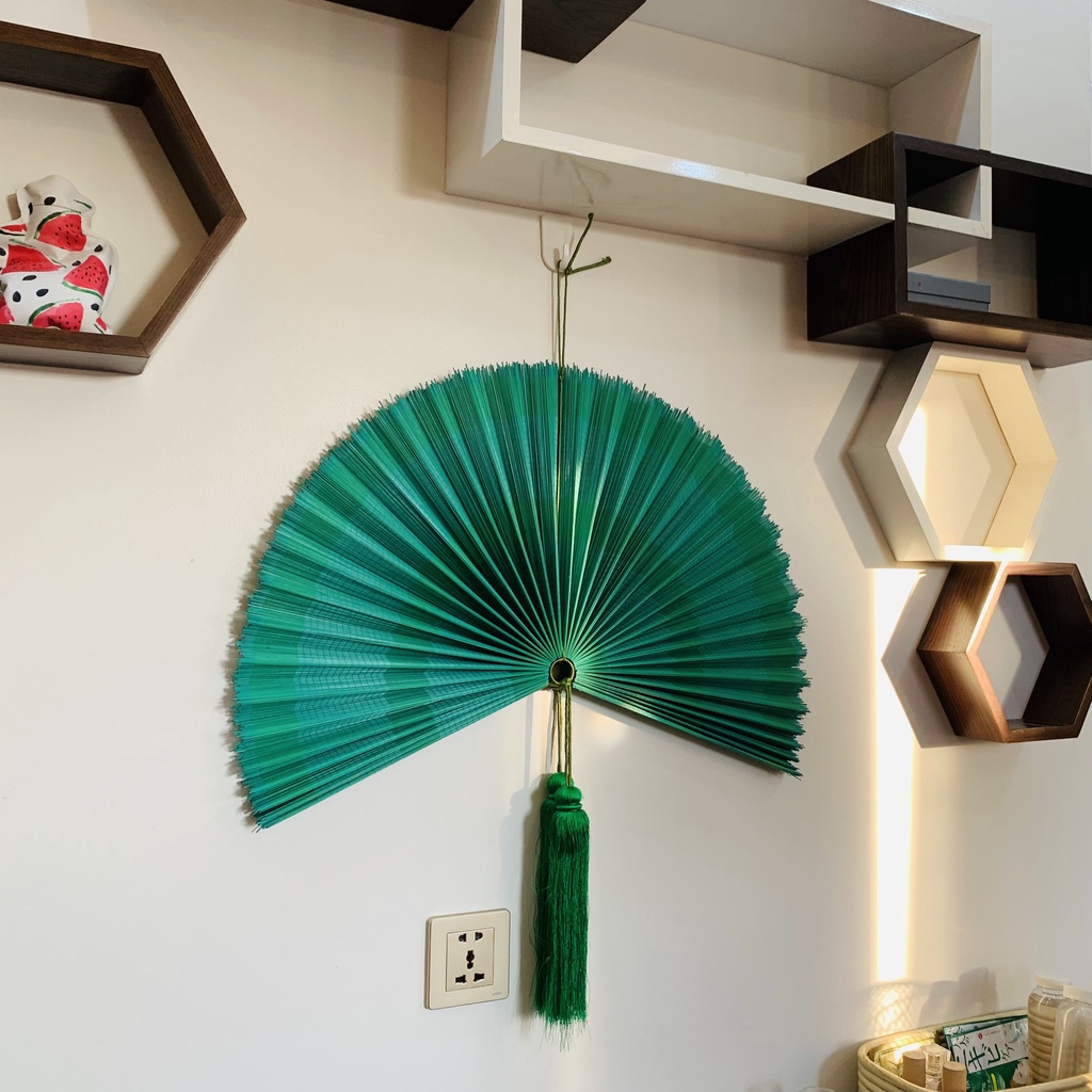 Quạt mành tre treo tường trang trí, quạt decor màu xanh lá 3 băng size 120cm #quatdecor #decor #trangtriphong