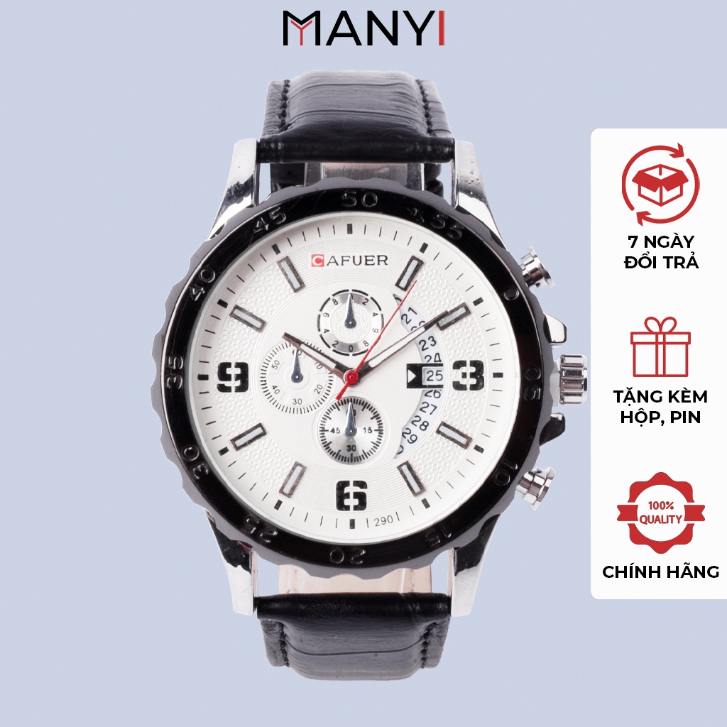 Đồng hồ đeo tay Cafuer 290 vỏ kim loại mạ trắng sáng - Đồng hồ nam dây da mềm mại ManYi