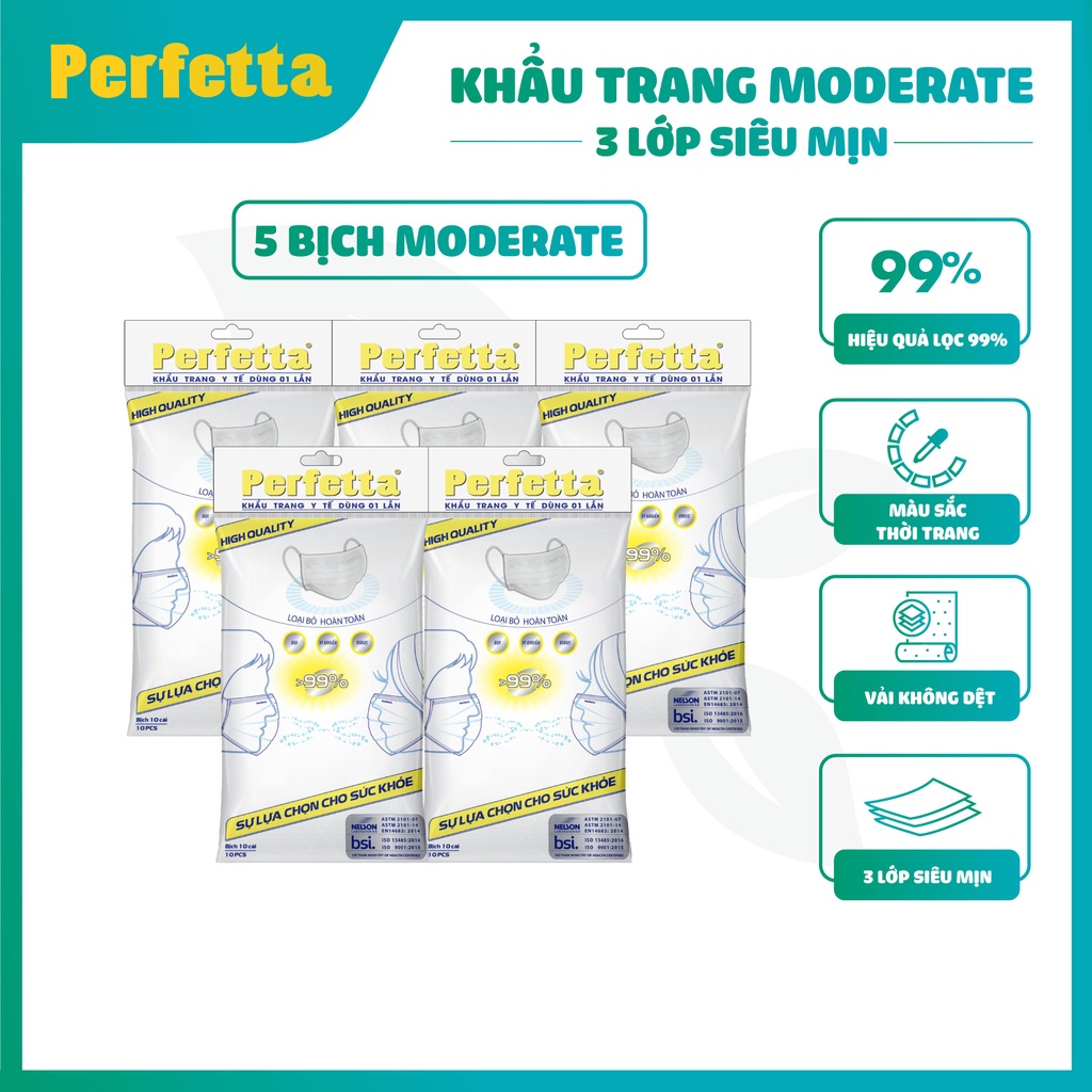 5 Gói Khẩu Trang Y Tế 3 Lớp Perfetta Moderate Trắng/Xanh (10 cái/gói)