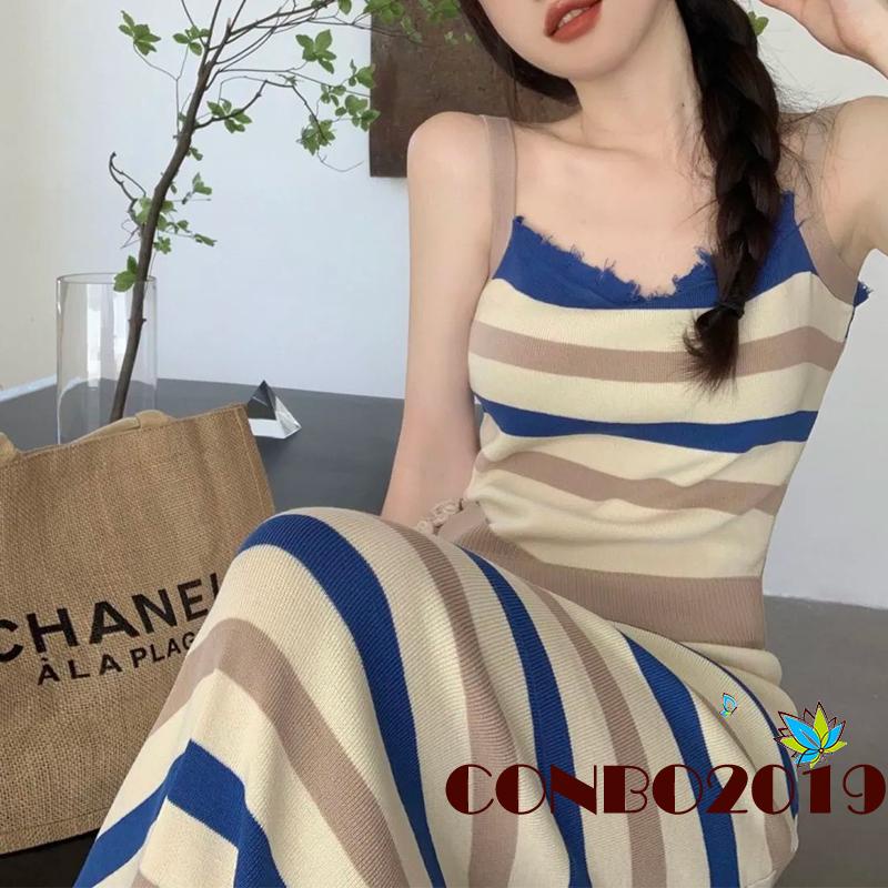 Đầm Dài Không Tay Họa Tiết Sọc Thời Trang Dành Cho Nữ