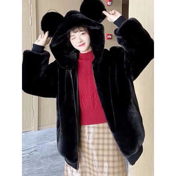 Áo khoác lông nữ 2 lớp ấm áp màu nâu đen mượt mà-áo lông cừu mùa đông form rộng tai gấu dễ thương kiểu hàn quốc ulzzang