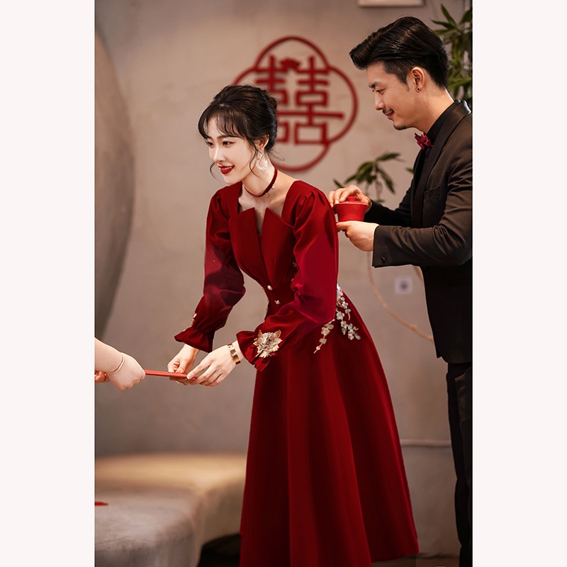 Đầm Midi Tay Dài Cổ Chữ V Eo Cao Phong Cách Trung Hoa Thời Trang Sang Trọng Cho Nữ Váy Cưới Đính Hôn Phong Cách Mới Dành Cho Cô Dâu