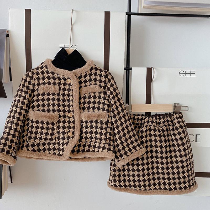 Bộ Áo Khoác + Chân Váy Họa Tiết Kẻ Sọc Phong Cách Hàn Quốc Thời Trang Mùa Đông Xinh Xắn Cho Bé Gái
