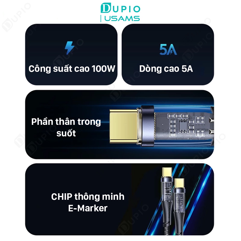 Dây cáp sạc nhanh DUPIO Usams DS10 pd 100w trong suốt giám sát dòng sạc bảo vệ thiết bị