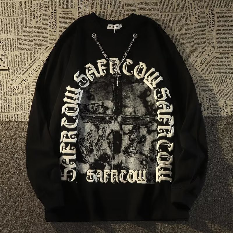 Áo Thun Tay Dài Dáng Rộng In Chữ Thập Phong Cách Âu Mỹ Thời Trang Cho Nam