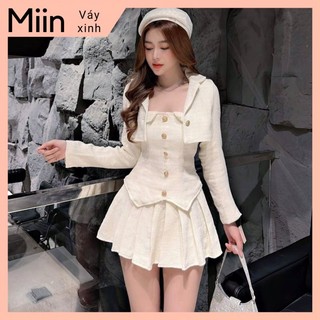 Set dạ 3 món áo quây khuy đồng + áo khoác lửng + chân váy xếp ly