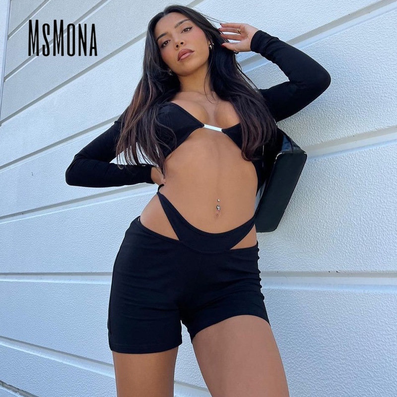 MsMona Áo Liền Quần Tay Dài Cổ Chữ U Màu Đen Trơn Thời Trang 2022 Quyến Rũ Cho Nữ