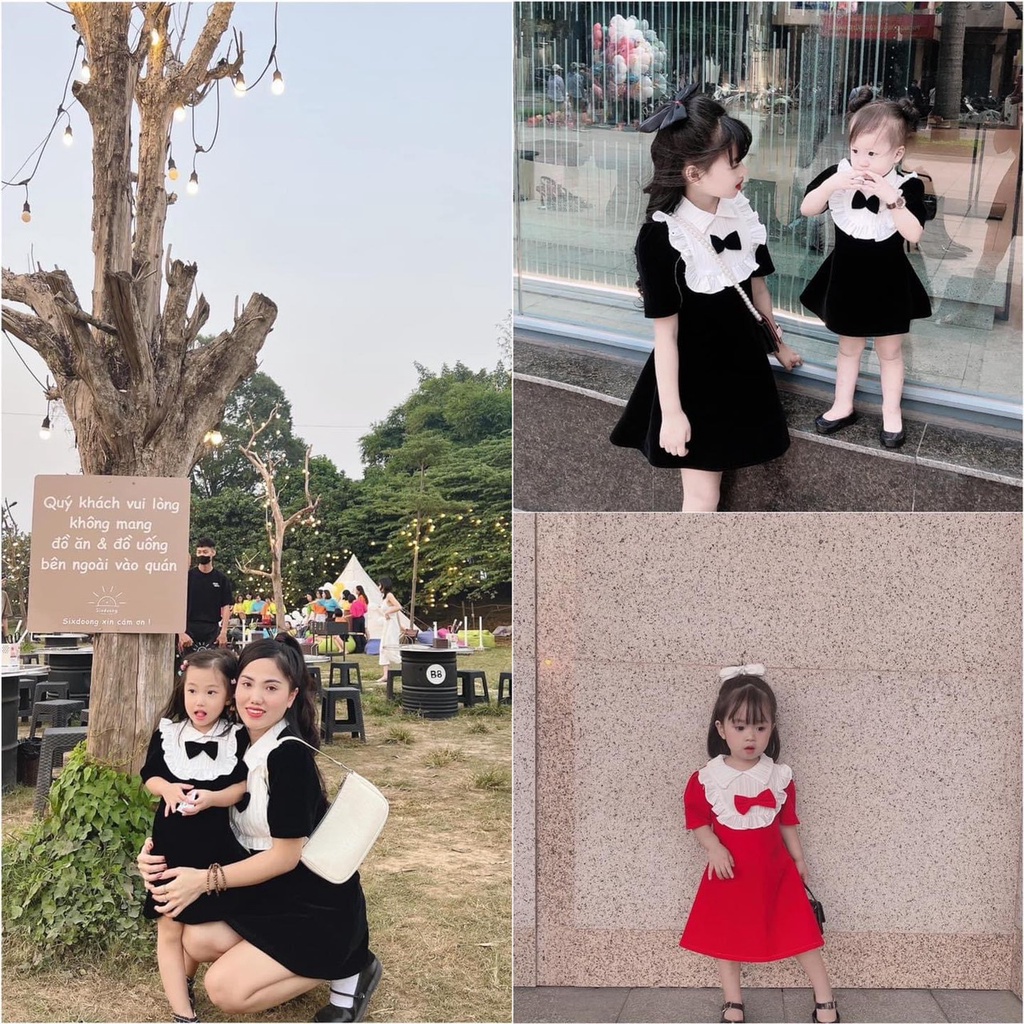 BÁN SỈ VÁY NHUNG ĐEN BÉ GÁI CỔ SƠ MI TRẮNG BÈO NƠ ĐEN