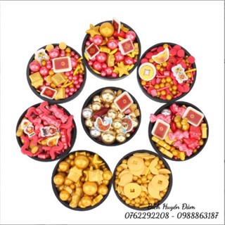 Kẹo bi đường hình ngôi sao, đồng tiền, thỏi vàng mix 2 màu đỏ, vàng trang trí bánh tết, năm mới