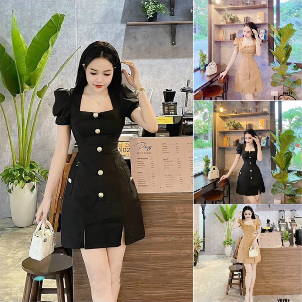 Đầm Tiểu thư Cổ Vuông Phối Nút AKARA H124 PHÙ HỢP DẠO PHỐ DỰ TIỆC S M L