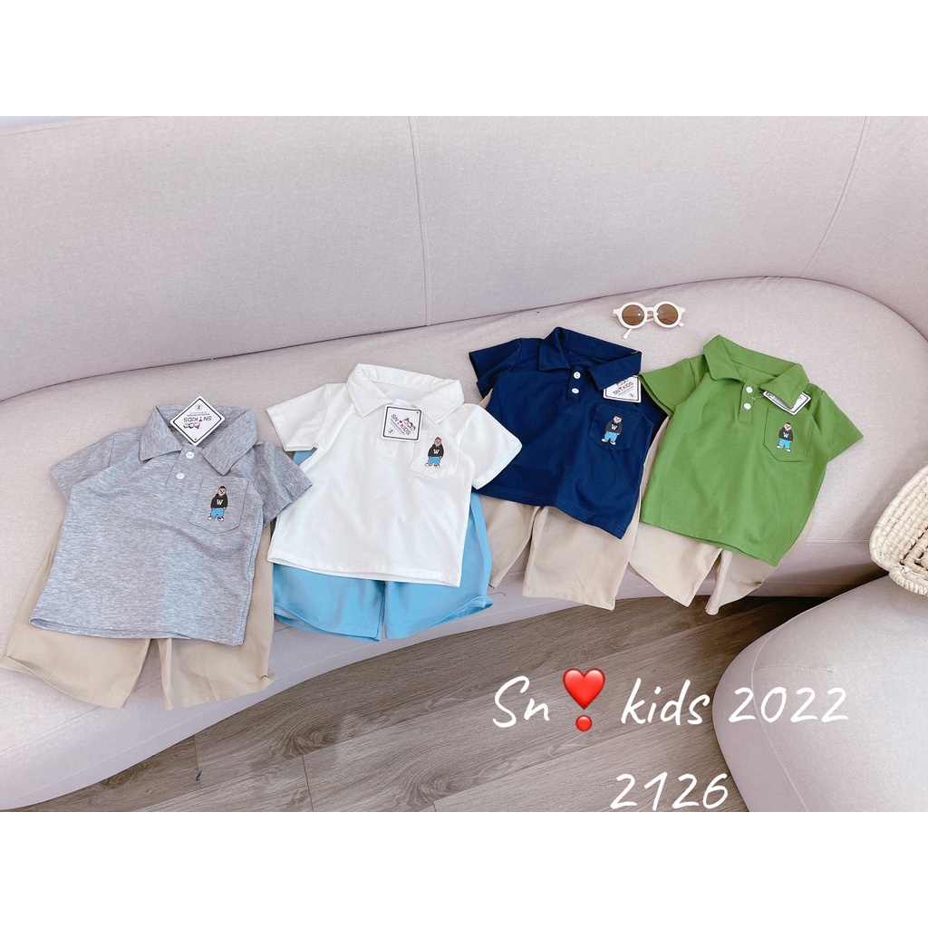 Sét áo cotton tàu cổ bẻ + quần kaki nam cho bé Size 8-18kg