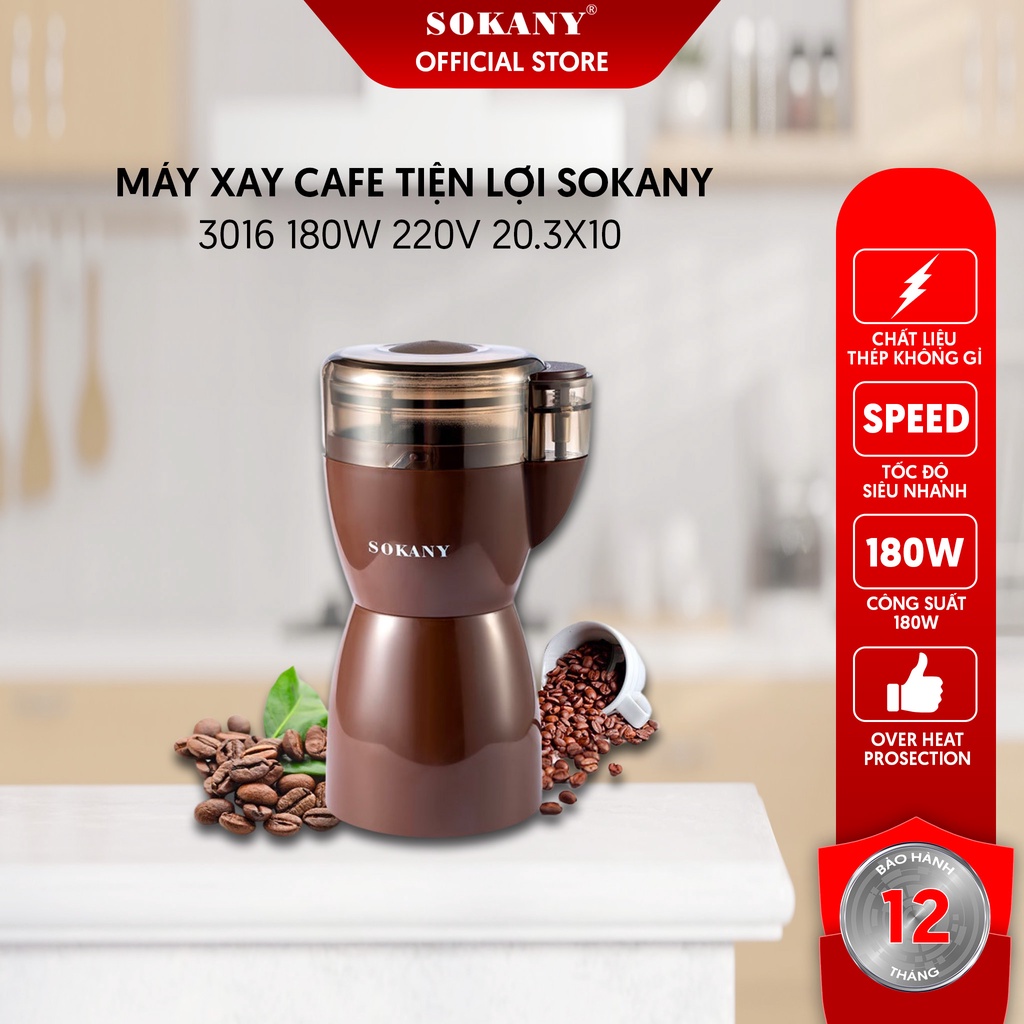 Máy Xay Cafe Tiện Lợi SOKANY 3016 180W 220V 20.3X10Cm Cối Xay Inox Bảo Hành 12 Tháng