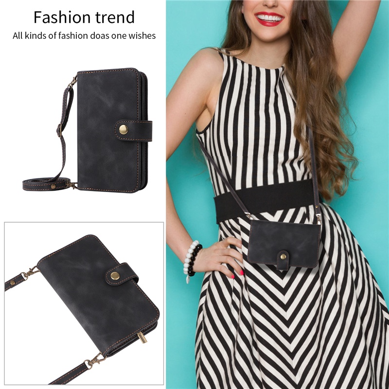 Ốp Điện Thoại Da Kèm Ngăn Đựng Thẻ Khóa Nam Châm Dây Dài Cho IPhone 14 13 12 Mini Pro Max Plus