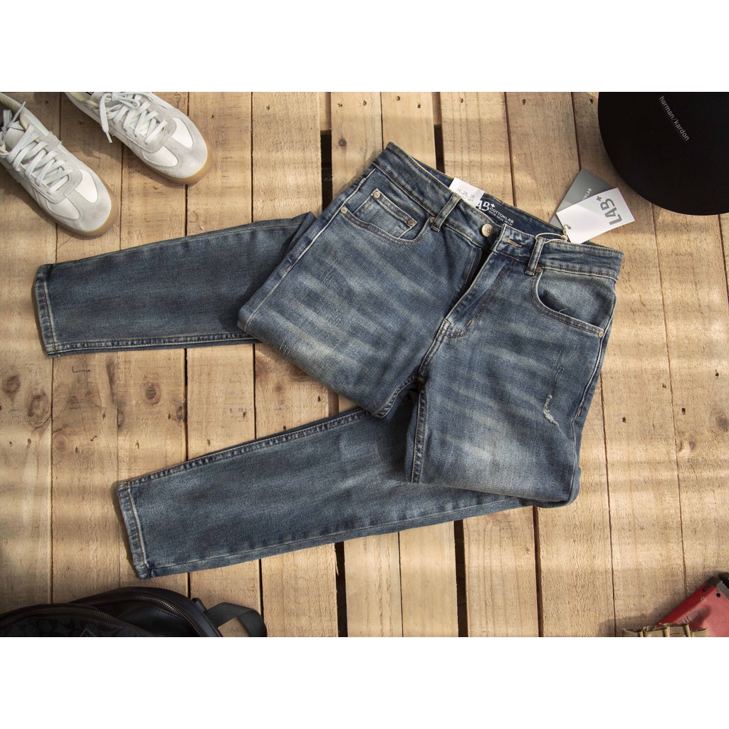 Quần Jean nam LAB+ COTTONLAB quần bò màu xanh rách cao cấp, co giãn nhẹ form Slimfit - LAB703