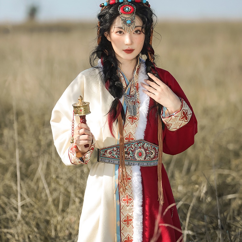 Áo Choàng Hán Phục Dáng Suông Lót Lông Cừu Chống Lạnh Cổ Chéo Hanshi Phong Cách Tây Tạng KTA5