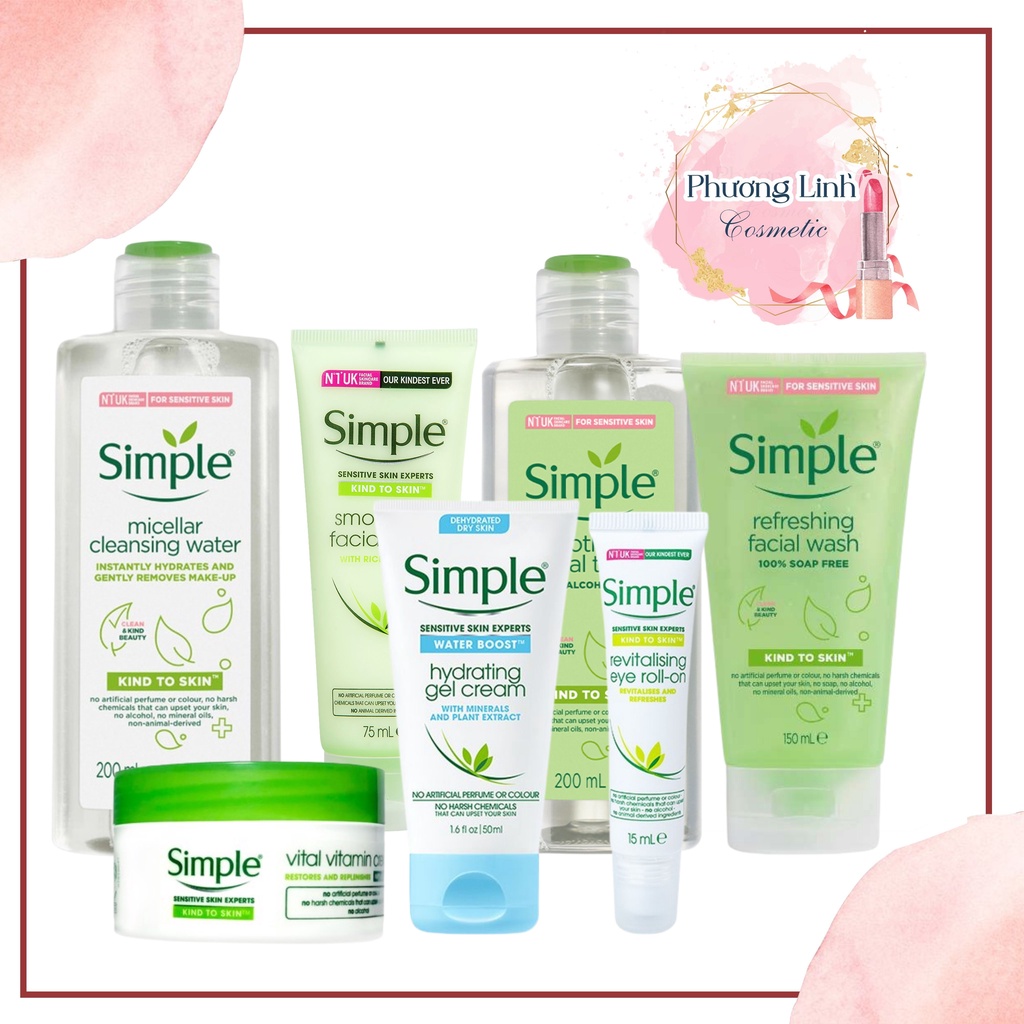 Combo 7 sản phẩm Simple chăm sóc da cơ bản (tẩy da chết, tẩy trang, SRM, toner, dưỡng đêm, ngày, lăn mắt) PL038