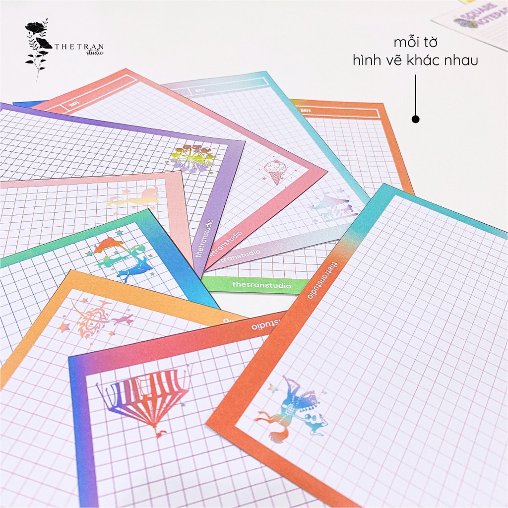 Bộ 10 tờ giấy ghi chép kẻ caro khổ vuông nhiều kiểu dễ thương / square notepad / thetranstudio
