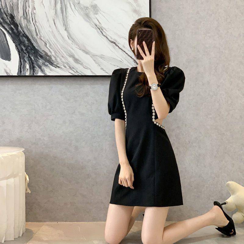 Đầm Đen Tay Phồng Chiết Eo Phong Cách Pháp Thời Trang Hè Thanh Lịch Cho Nữ
